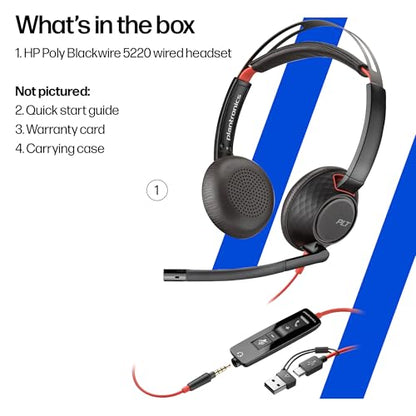 Poly Blackwire 5220 Wired Headset - Flexible Boom Mic - Noise Cancelling Headphones with Mic - USB-C, USB-A, 3.5mm - Ergonomic Over-Ear Design - Works with Microsoft Teams, Zoom - Work from Home - style: 2024 Version (USB-C & USB-A)