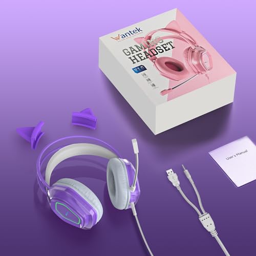 Wantek Cute Cat-Ear Gaming Headset - 50mm Drivers, Noise-Cancelling Mic, 3.5mm Wired Stylish & Lightweight Design (Purple) - color: Purple