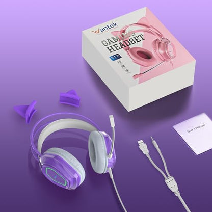 Wantek Cute Cat-Ear Gaming Headset - 50mm Drivers, Noise-Cancelling Mic, 3.5mm Wired Stylish & Lightweight Design (Purple) - color: Purple