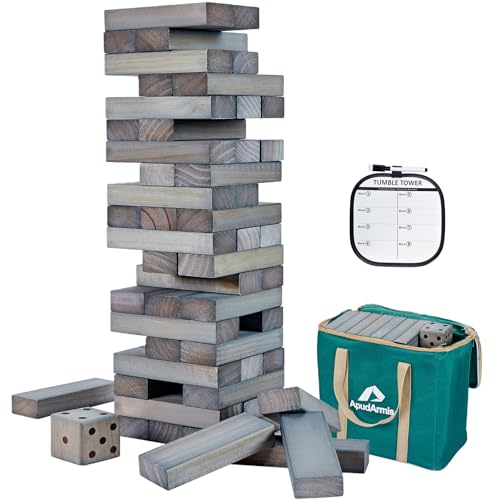 ApudArmis 54 PCS Giant Tumble Tower, Pine Wood Stacking Game, 3.2Ft Family | Has scoreboard, dice & bag. Non-toxic NZ pine, crack-resistant. Smooth edges. Exciting outdoor stacking game for adults - color: Gray, size: M-Stack to 3.2 FT