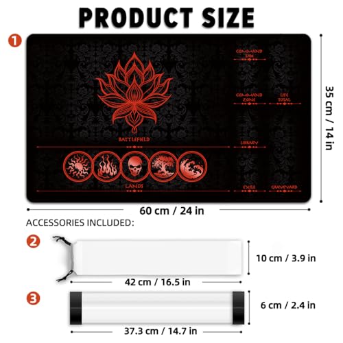 MTG Playmat with Zones – Lotus Sketch Red 24x14 Card Game Mat for Magic The Gathering, Stitched Edge, Non-Slip Rubber Base with Prismatic Playmat Tube – Lotus Red Zone - color: Lotus Red Zone