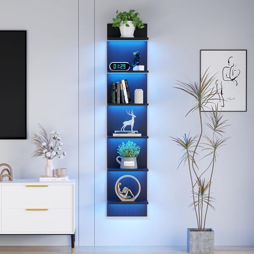 Qupui 6-Tier Wall Shelf with LED Remote, 57" Floating Storage, Black | RGB 22 Modes 6 Brightness. Remote Control. Waterproof Particleboard. 6 Tiers For Storage And Display. For Bedroom - color: Black