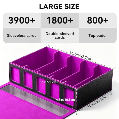 5-Row Trading Card Storage Box with Handle, PU Leather | Holds 3900+ Cards, Magnetic Deck Case for Toploaders, Sleeved & Raw Cards, Includes 48 Dividers & Dice Box