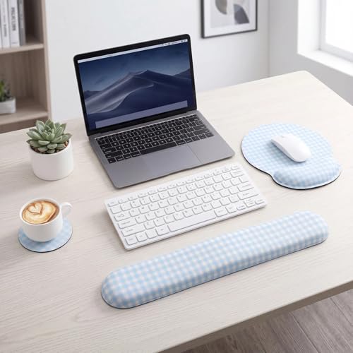 Tellegloww Wrist Rest Support for Mouse Pad&Keyboard Set, Blue Gingham Checkered Circle Curved Ergonomic Mousepad&Coaster Non-Slip Base Design for Office Home Laptop Desktop Computer Keyboard - color: Blue