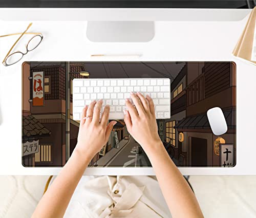 Tokyo Street at Night Kawaii Japanese XL Mouse Pad, Cute Gaming Desk Pads, Anime Large Desktop Mat, XXL Keyboard Mats, Extended Laptop Mat 31.5''X15.7'' - color: Black Brown Beige
