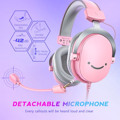 FIFINE USB Gaming Headset, PC Over-Ear Wired Streaming Headset with 3.5mm Jack, Detachable Microphone, 7.1 Surround Sound, Control Box, Passive Noise Cancellation, for PS5/Xbox/Switch-H9 Pink - color: Pink
