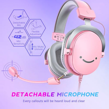 FIFINE USB Gaming Headset, PC Over-Ear Wired Streaming Headset with 3.5mm Jack, Detachable Microphone, 7.1 Surround Sound, Control Box, Passive Noise Cancellation, for PS5/Xbox/Switch-H9 Pink - color: Pink