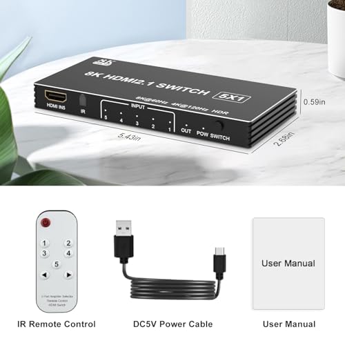 8K HDMI Switcher 5 in 1 Out, HDMI Splitter with IR Remote Switcher Selector Box Support 8K@60Hz 4K@120Hz, HDMI 2.1 Switch Compatible with PS 5/4/3 Xbox Switch Roku TV Fire Stick