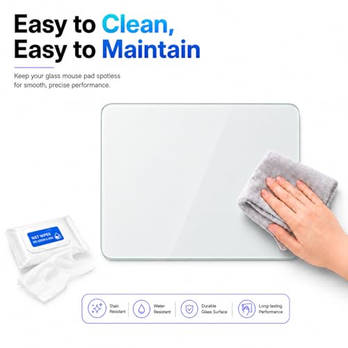 Tempered Glass Gaming Mouse Pad, Professional Esport Mouse Mat with Specialty Smooth & Silent Surface, Drop-Resistant Hard Desk Pad with 6 Anti-Slip Pads (Medium)