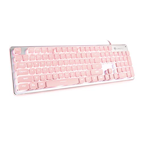 LANGTU Computer Keyboard, Backlit LED Pink for Office, All-Metal Panel USB Wired Membrane, 25 Keys Anti-ghosting, 104 Keys Laptop Compatible