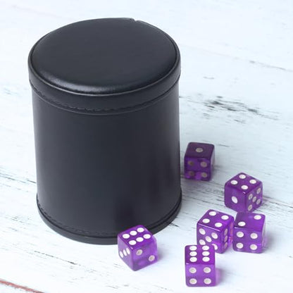 PU Leather Dice Cup Set, Purple Velvet Interior Dice Cup Shaker Quiet with 6 Purple Translucent Dice for Liars Dice/Farkle/Yahtzee Games, 1 Pack - color: Purple B