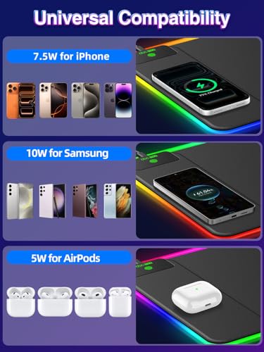 RGB Gaming Mouse Pad with 15W Magnetic Wireless Charging, 31.5'' x 11.8'' | Extra Large LED Mousepad, 24 Lighting Effects Desk Mat with Non-Slip Rubber Base, Waterproof Ultra-Smooth Surface - color: RGB-31.5"x11.8"