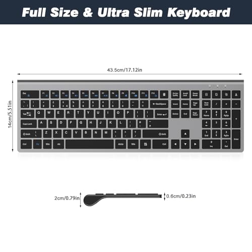 Rechargeable Wireless Keyboard, FullSize Scissor Switch Keyboard, Gray | QWERTY Layout Silent Keyboard, Ergonomic, 12 Multimedia Shortcut Keys for PC/Desktop/Laptop/Windows