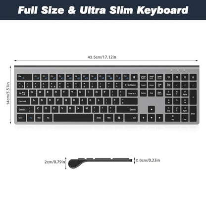 Rechargeable Wireless Keyboard, FullSize Scissor Switch Keyboard, Gray | QWERTY Layout Silent Keyboard, Ergonomic, 12 Multimedia Shortcut Keys for PC/Desktop/Laptop/Windows