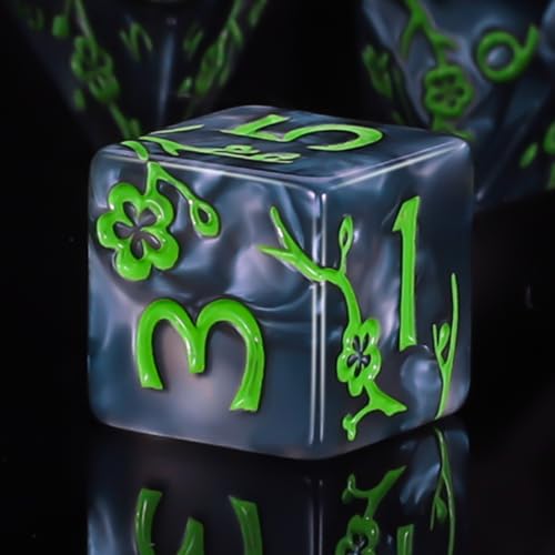 CiaraQ 7pcs Polyhedral Dice Set for Dungeon and Dragons MTG Table Games | Acrylic Role Playing Dice for D&D with Black Velvet Bag – Black Pearl with Green Numbers & Plum Blossom Patterns - color: Black and Green Floral Dice