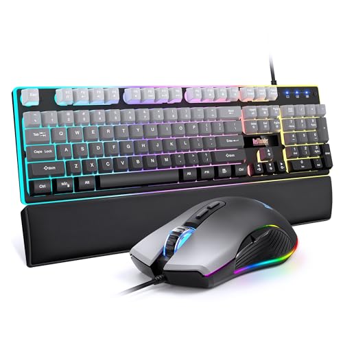 RedThunder K10 Wired Gaming Keyboard, Mouse Wrist Rest Combo, RGB Backlit, Mechanical Feel Anti-ghosting Keyboard + 7D 7200 DPI Mice+Soft Leather Wrist Rest 3 in 1 PC Gamer Accessories(Gradient Gray) - color: Gradient Gray
