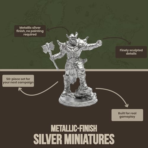 50-Piece Silver Fantasy Miniatures Set: 16 Unique Pre-Finished RPG Figures for Tabletop Roleplaying Games, Heroes & Monsters, Campaign Ready, No Paint Required