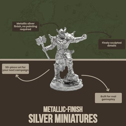50-Piece Silver Fantasy Miniatures Set: 16 Unique Pre-Finished RPG Figures for Tabletop Roleplaying Games, Heroes & Monsters, Campaign Ready, No Paint Required