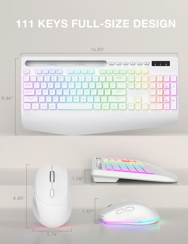 Wireless Keyboard and Mouse Combo - 9 Backlit Effects, RGB, 2.4Ghz | Ergonomic Wrist Rest, Phone Holder, Rechargeable, Full Size, KM22 MAX Silent Set for Computer, Laptop, Mac, Windows (White) - color: Cloudy White