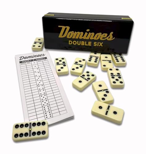 PRK 14 Double Six Dominoes Gift Set – 28 Tiles with Spinners in Premium Wooden Storage Box – Classic Domino Set for Adults with Score Pad – Family Night & Collector Edition
