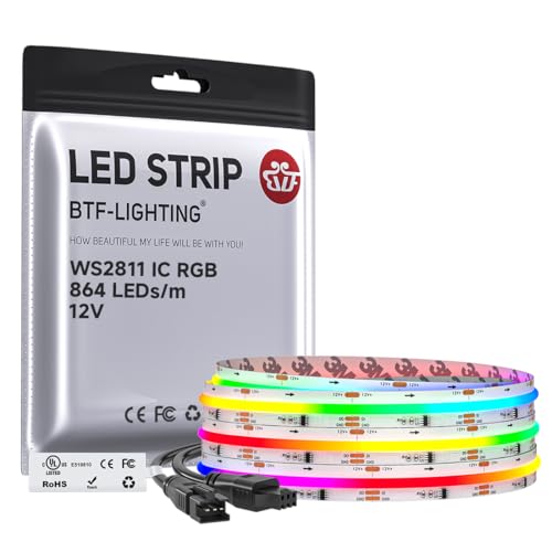 BTF-LIGHTING RGB WS2811 Smart IC FCOB COB LED Strip, UL Listed 864LEDs/m High Density Color Chasing Uniform Light, DC12V 9.8FT 12mm Width Tape Light for Home Party DIY Decor(No Adapter or Controller) - color: DC12V IP30, size: 9.8FT 864LED/m