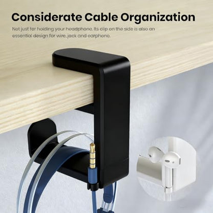 360 Degree Rotating Headphone Stand Under Desk Hanger Clamp Mount Universal Headset Holder Hook (White) - color: White