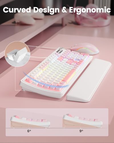 SABLUTE Gaming Keyboard and Mouse, Quiet Membrane with RGB Backlit - Pink | PC Gaming Keyboard with Multimedia Knob, Anti-Ghosting, Ergonomic Wrist Rest & 3200 DPI Mouse for Gamer/Office - color: Pink-White