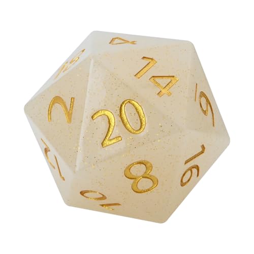 Giant 55mm D20 Resin Polyhedral Dice for RPG & Tabletop Gaming | Precision-carved gold numerals, 6&9 marked, velvet pouch for TTRPG,weddings, birthday party(Glitter White) - color: Glitter White