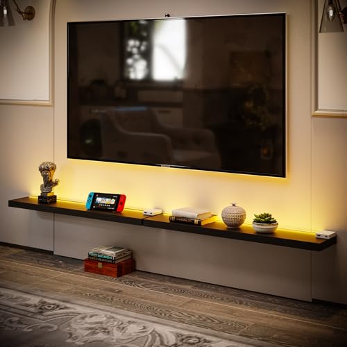 BAMEOS Floating Shelves with LED Light, Wall Mounted Wooden Shelves with Invisible Brackets, Set of 2, Hanging Wall Shelves for Bedroom, Bathroom, Living Room and Kitchen(31", Blcak) - color: Black-cob, size: 31 x 7