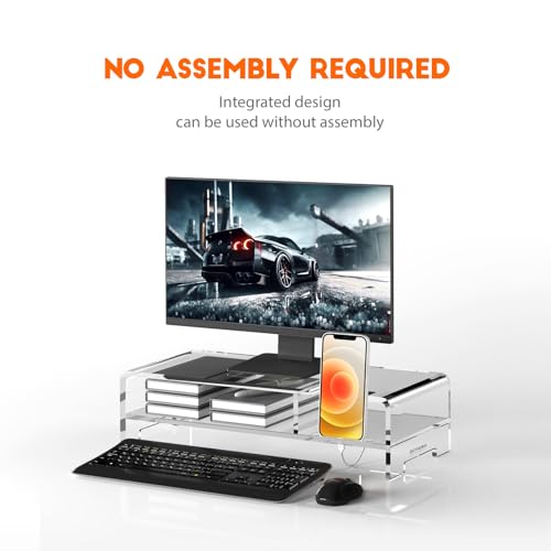 BEYGORM Acrylic Monitor Stand for Full Keyboard, 20" Wide 2-Tier | Clear Riser with Storage Shelf and Phone Holder, Desktop Organizer for Laptop, Printer & Screen