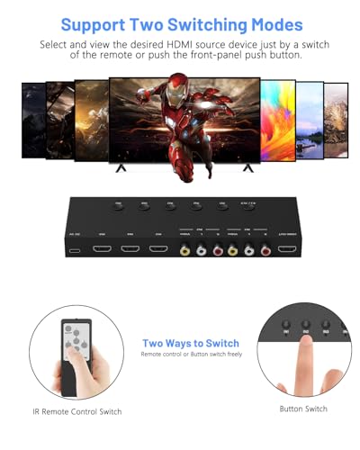 5-in-1 HDMI/AV Switcher, RCA to Digital Converter – 2 AV & 3 HDMI Inputs, Support HDR & HDCP 2.2 & Full 3D for Sega/Xbox/PS1/PS2/Xbox,PS5/PS4,Roku,Fire Stick - size: 2AV+3HDMI to HDMI Converter