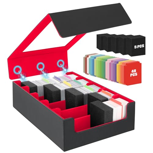 AOBOPLE 3900+ Trading Card Storage Box, Clear Lid and Magnetic Closure | 5-Row Card Box,PU leather,48 Dividers + 5 Foam Supports,Card Organizer For MTG TCG Sports, Gift For Collectors - color: 3900+Black Red
