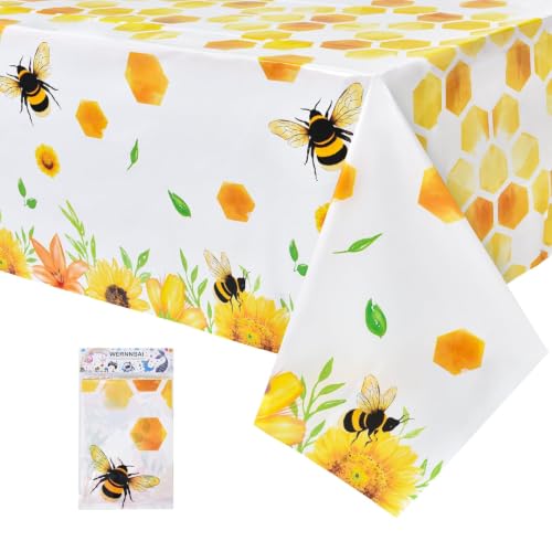 WERNNSAI Bee Tablecloth - 1 Pack 108"x54" Disposable Plastic Table Cover | Sunflower Tablecloth, Bee Baby Shower Decorations, Yellow Bee Decorations, Bee Themed Party Decor for Kids Girls - color: Bee
