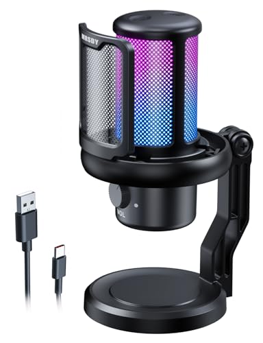MRSDY USB Gaming Microphone for PC with Noise Reduction, Mute, Gain, RGB | Condenser Mic, Headphone Jack, Suitable for PC, Computer, PS4, PS5, Mac, Streaming, Podcasting, Recording, YouTube, Discord