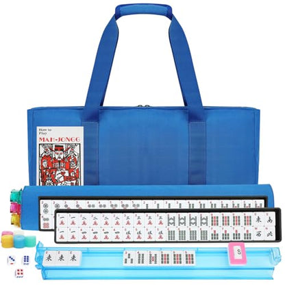 Suncle American Mahjong Tile Set,166 White Tiles Mahjong Set,4 Colors Mahjong Racks,Travel Mahjong Set with Blue Carrying Bag - color: Blue