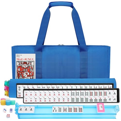 Suncle American Mahjong Tile Set,166 White Tiles Mahjong Set,4 Colors Mahjong Racks,Travel Mahjong Set with Blue Carrying Bag - color: Blue
