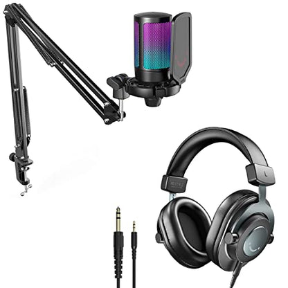 FIFINE Podcast Condenser Mic Kit and 3.5mm/6.35mm Wired Headphones, RGB Computer Mic for PS4/5 PC Gamer Youtuber, Streaming Monitoring Black Headphones with Detachable Cables, on PC/Mixer (A6T+H8)