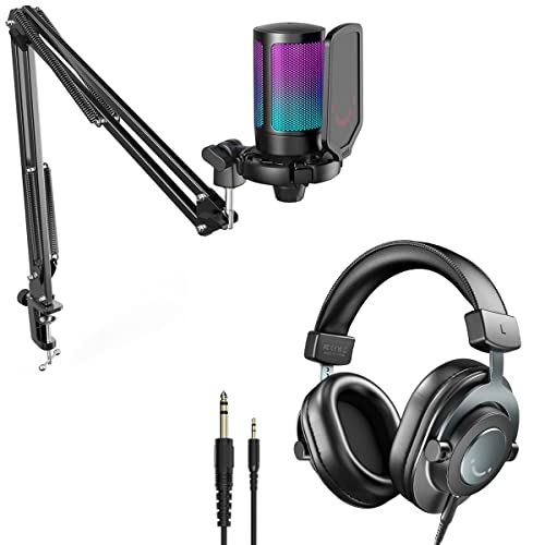 FIFINE Podcast Condenser Mic Kit and 3.5mm/6.35mm Wired Headphones, RGB Computer Mic for PS4/5 PC Gamer Youtuber, Streaming Monitoring Black Headphones with Detachable Cables, on PC/Mixer (A6T+H8)