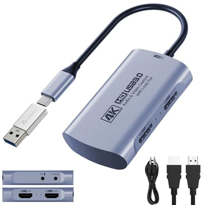 Guermok 4K@60FPS Capture Card for Streaming, 2K@120FPS USB 3.0 HDMI to USBC Camera Video Capture, 4K60 Passthrough, 3.5mm Audio in & Mic Out, Works with Switch 2/1, PS5/4, Xbox, Pad, Mac, PC