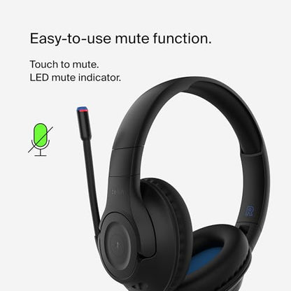 Belkin SoundForm Inspire Bluetooth Kids Headphones, 35H Battery Life | Over-ear wireless headset, built-in mic, 85dB safe volume limit, online learning, travel, iPad, iPhone, Galaxy - color: Black, style: Wireless