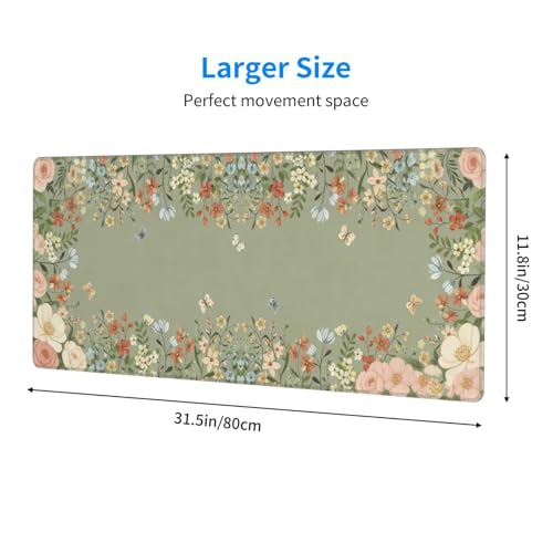 Large Gaming Mouse Pad Desk Mat, Green Girly Floral Extended Keyboard Mouse Pad Mousepad with Non-Slip Base and Stitched Edge Mouse Mat Desk Pad Mouse Pads for Desk Home Office, 31.5 x 11.8 - color: Girly Floral Green