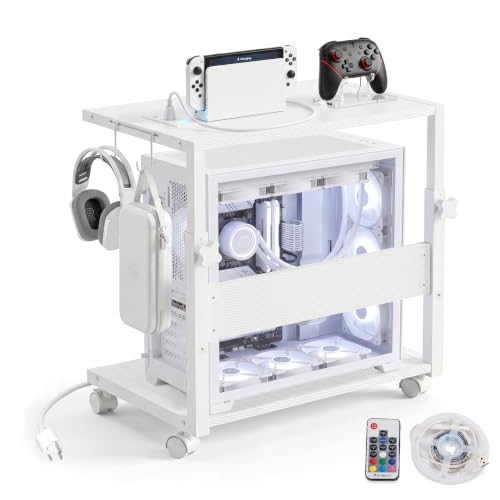 Height Adjustable PC Tower Stand with Charging Station | Computer Tower Stand with LED Light Strip, 23.6" × 15.7" Mobile Rolling CPU Holder for Office Home (White Texture,Large) - color: White Texture, size: 23.6'' × 15.7''