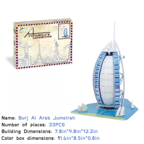 Architecture World Famous of 3D Puzzle.Build Your Own Collection of 17 Global Landmarks (Notre Dame, Colosseum) - Educational DIY Model Kit for Kids & Adults. (Burj Al Arab Jumeirah) - color: Burj Al Arab Jumeirah