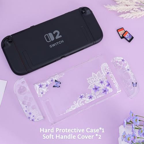 DLseego Protective Case Flower Floral Clear Switch 2 (2025), Detachable Joy-Handle Protective Case 2-Piece Split Full Wrap PC Hard Shell Anti-Scratch All-Round Protection Cover, Butterfly, Purple - color: Purple 1