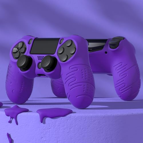 PlayVital Line & Dot Purple Silicone Cover Skin for ps4 Controller, Anti-Slip Soft Protector Case Cover with Thumb Grip Caps - color: Purple