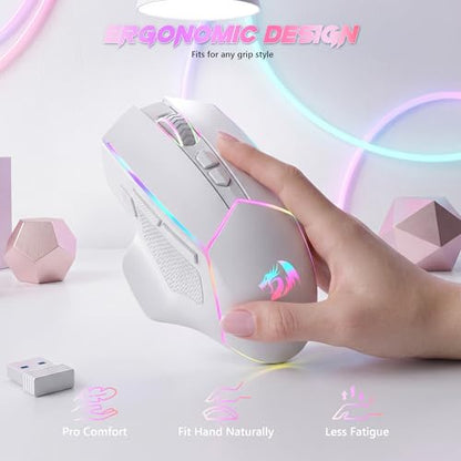 Redragon Wireless Gaming Mouse, Tri-Mode 2.4G/Bluetooth/USB-C, 7 Programmable Buttons, Tactile Rapid Fire Key, 24000 DPI RGB Ergonomic Mouse for PC Windows Gaming & Work, M814W - color: White