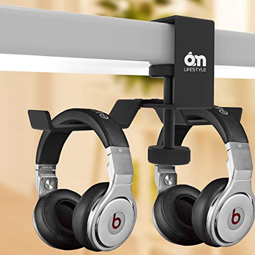 6amLifestyle Under Desk Dual Headphone Hanger, Metal Headset Stand Gaming Earphone Holder Universal Clamp on Desk Hanger Hook for All Headsets, Black (Patent)