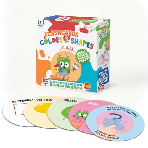 Kidrox Colors & Shapes Flashcards for Toddlers - Learn Colors & Shapes in English & Spanish | 40 Double-Sided Cards + 10 Magic Water Reveal Cards | Bilingual Educational Game for Kids Ages 3+ - style: Colors & Shapes