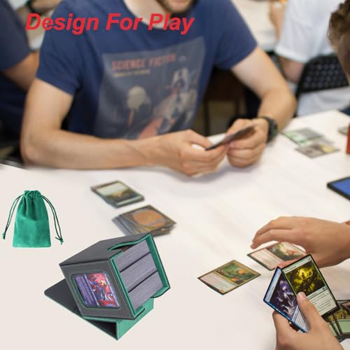 AFIING MTG Deck Box for Commander Display,Card Deck case Fits 100 Double Sleeved Cards,Magic Commander TCG Card Storage Box with 2 Dividers,Dice Bag and Toploader Black Green - color: Commander Black Green