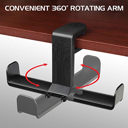 ENHANCE PC Gaming Dual Headphone Stand - Clip-On Desk Headphone Holder with Adjustable 360 Rotation, Under Desk Headset Holder, Universal Fit, & Double Cable Loops Organizer with Silicone Pads